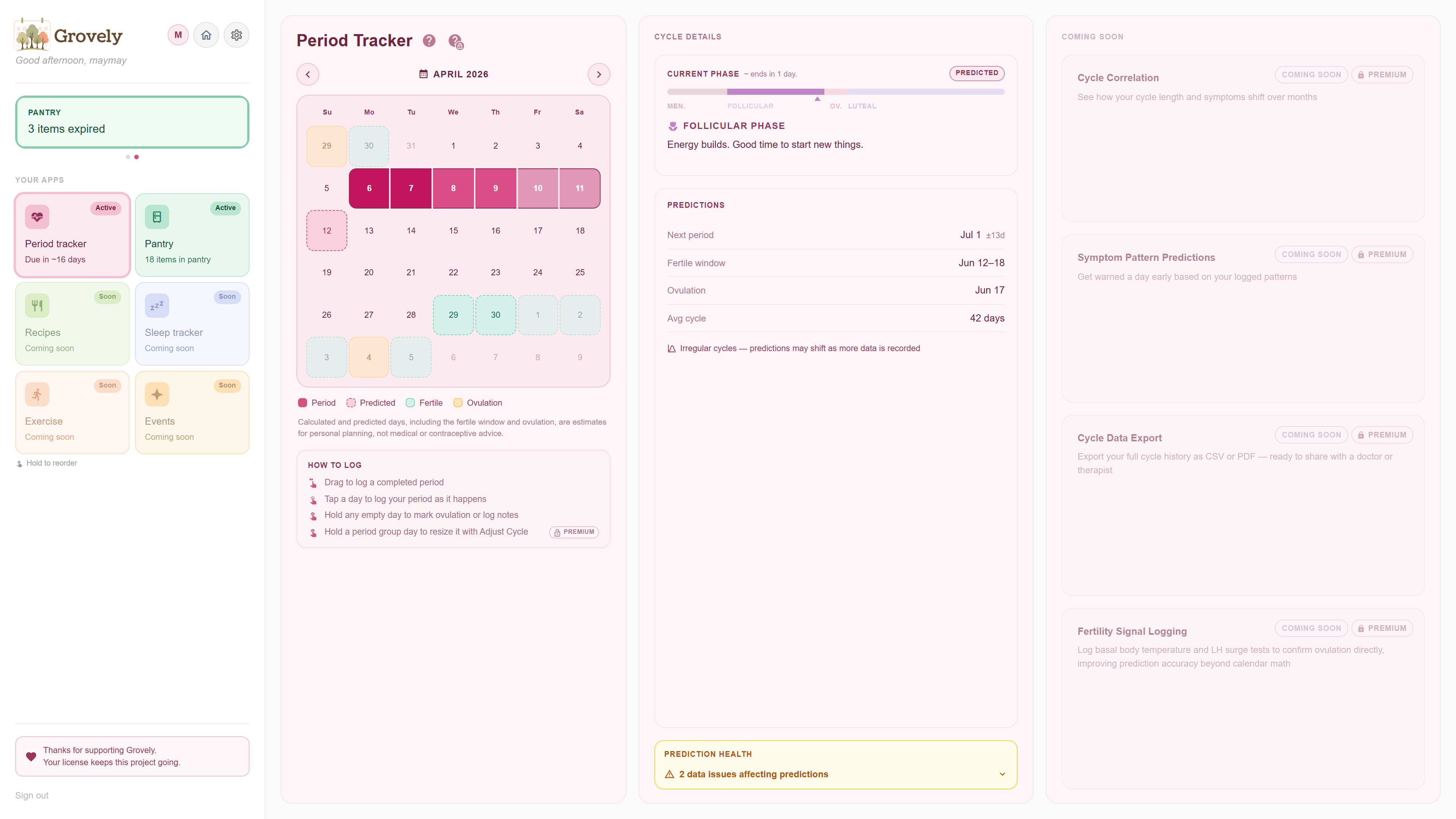 Grovely period tracker